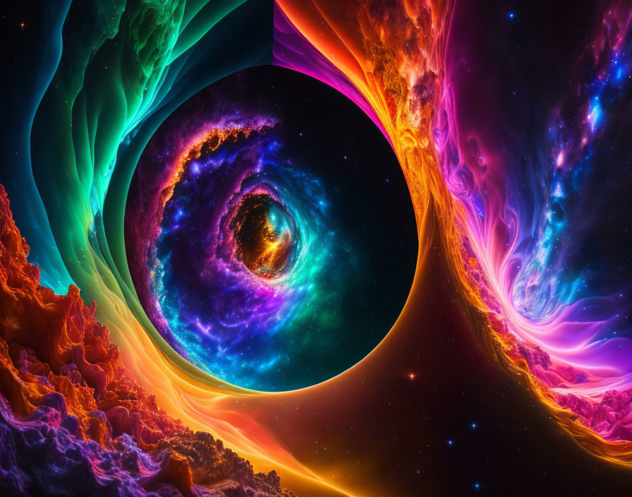 Colorful cosmic whirlpool artwork in neon hues on starry space backdrop