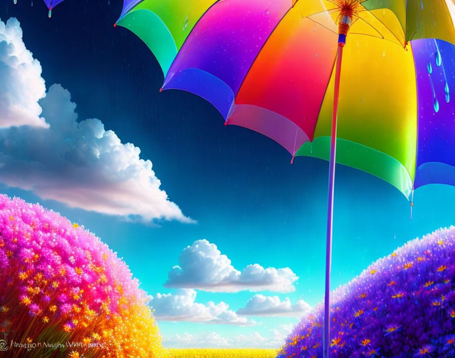 Colorful umbrella in field of pink and purple flowers under cloudy sky.