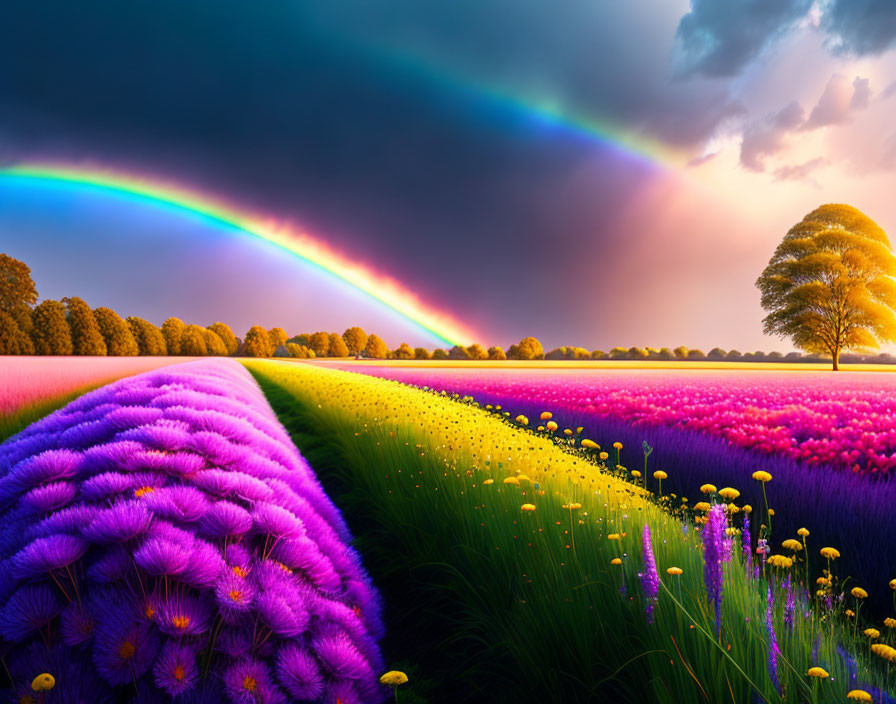 Colorful rainbow over vibrant flower field with dramatic sky and lone tree.