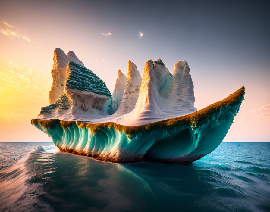 Majestic iceberg with intricate textures in tranquil sea at sunset