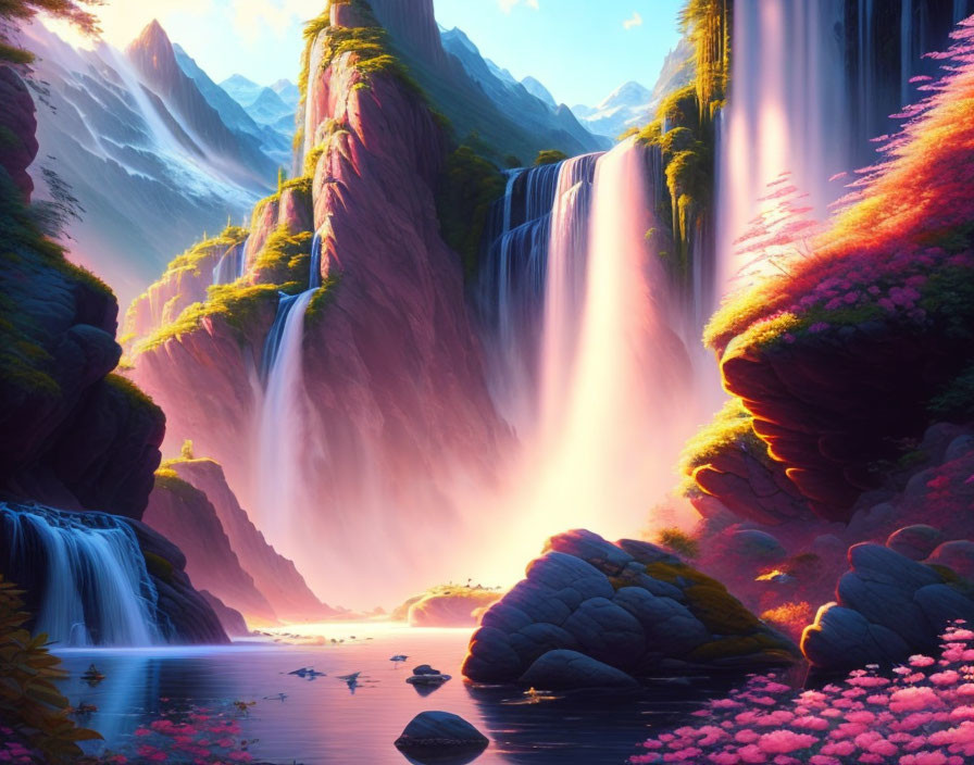 Fantastical landscape with waterfalls, cliffs, and lush vegetation