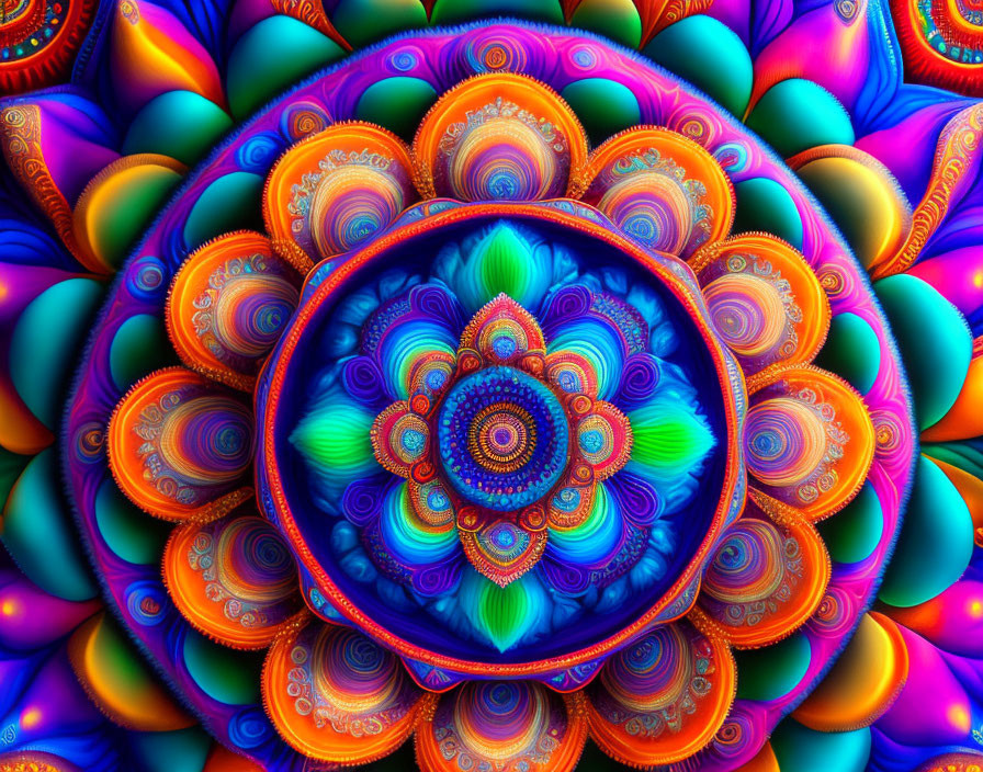 Colorful Fractal Art with Symmetrical Flower Petal Patterns