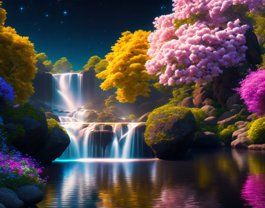 Vibrant trees and serene waterfall under starry sky in tranquil river