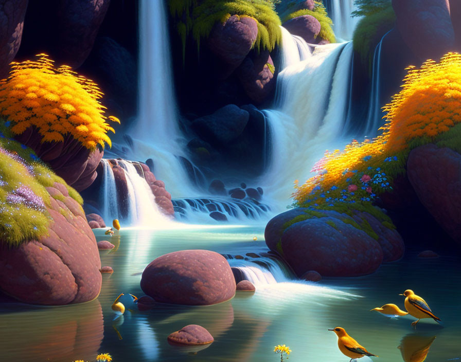 Tranquil landscape with flowing cascade, serene pool, moss-covered rocks, and vibrant plants.