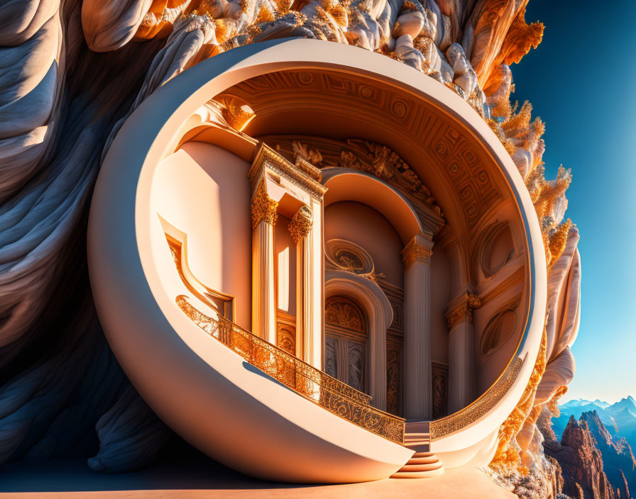 Circular classical architecture surrounded by orange cliffs under blue sky
