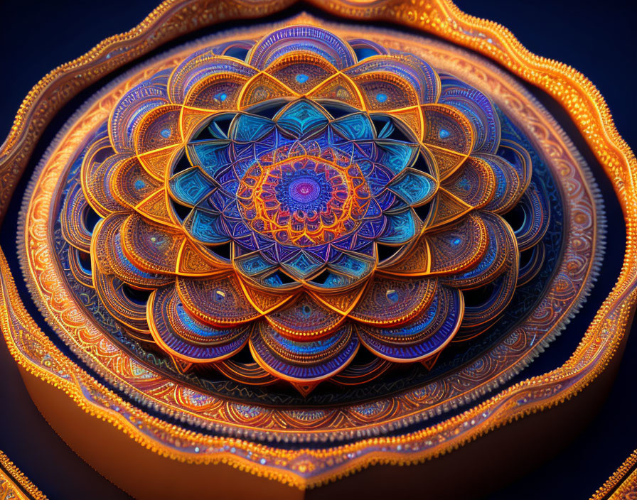 Colorful Mandala Design in Orange, Blue, and Gold on Dark Background