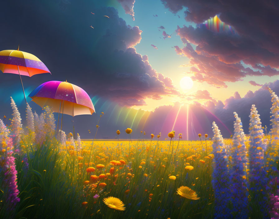 Colorful Sunset Field with Floating Umbrellas and Sunlight