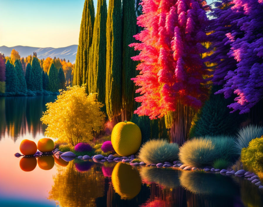 Vibrantly colored surreal landscape with reflective lake and unique spherical objects