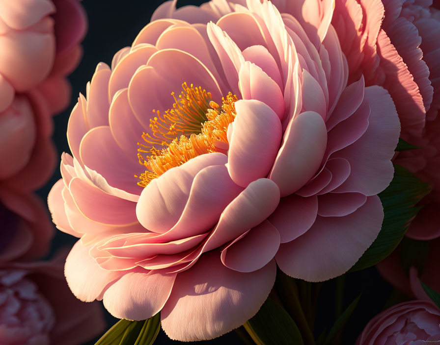 Detailed View of Pink Peony with Golden Stamens on Dark Background