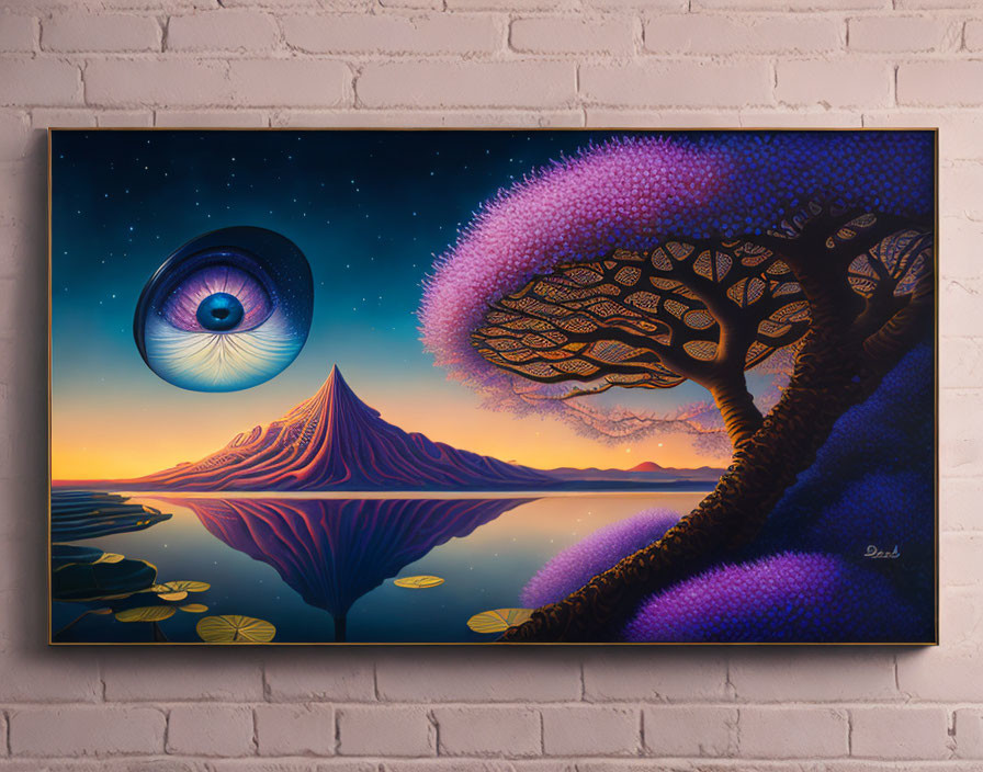 Surreal landscape painting with purple tree, floating eye, and reflective water.