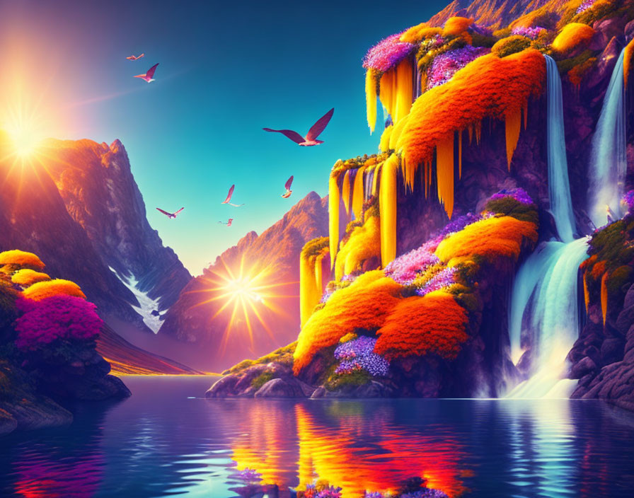 Colorful Landscape with Waterfalls, Lake, and Sunset Sky