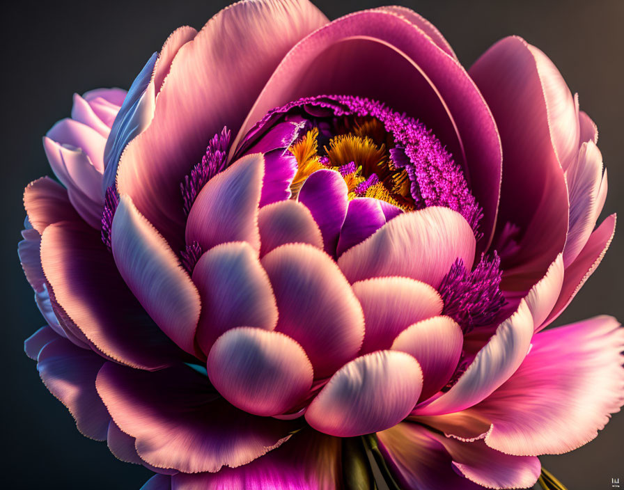 Detailed Close-up of Vibrant Peony Petals and Stamens on Dark Background