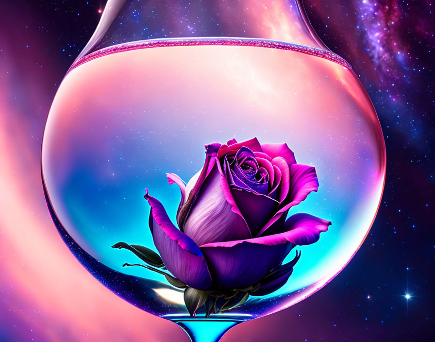 Purple rose in wine glass on cosmic backdrop with nebulae and stars.