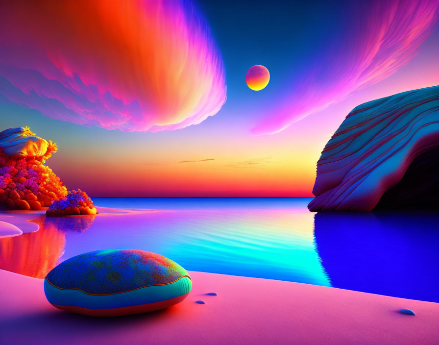 Vibrant sunset seascape with colorful rocks and cushion