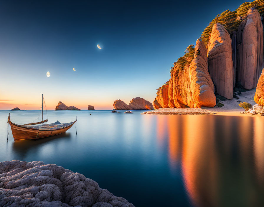 Tranquil seascape with wooden boat, cliffs, calm water, crescent moon