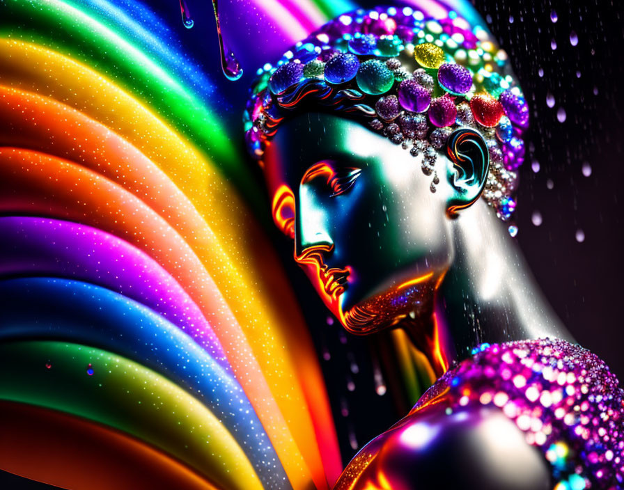 Colorful Vibrant Bust with Water Droplets and Rainbow Light Reflections