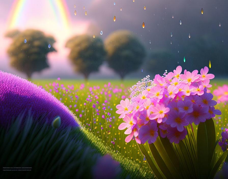 Colorful meadow with pink flowers, rainbow, raindrops, and dew-covered purple plant.
