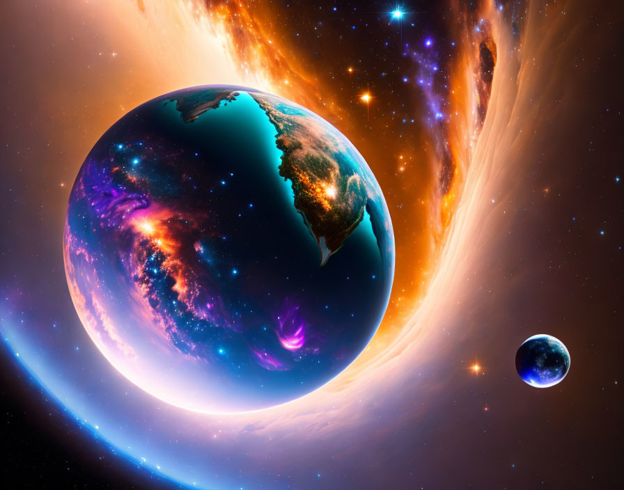 Colorful cosmic scene with surreal planet and moon in radiant starlight