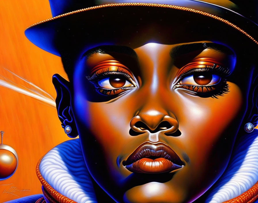 Detailed digital portrait with glossy skin and blue collar on orange background