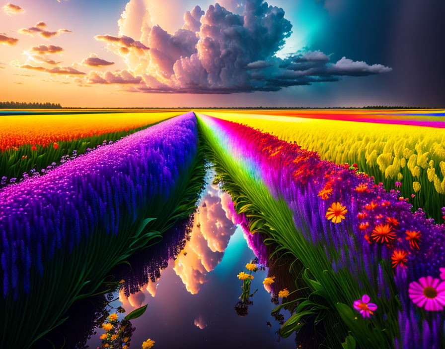 Colorful Flower Fields and Canal Under Dramatic Dusk Sky
