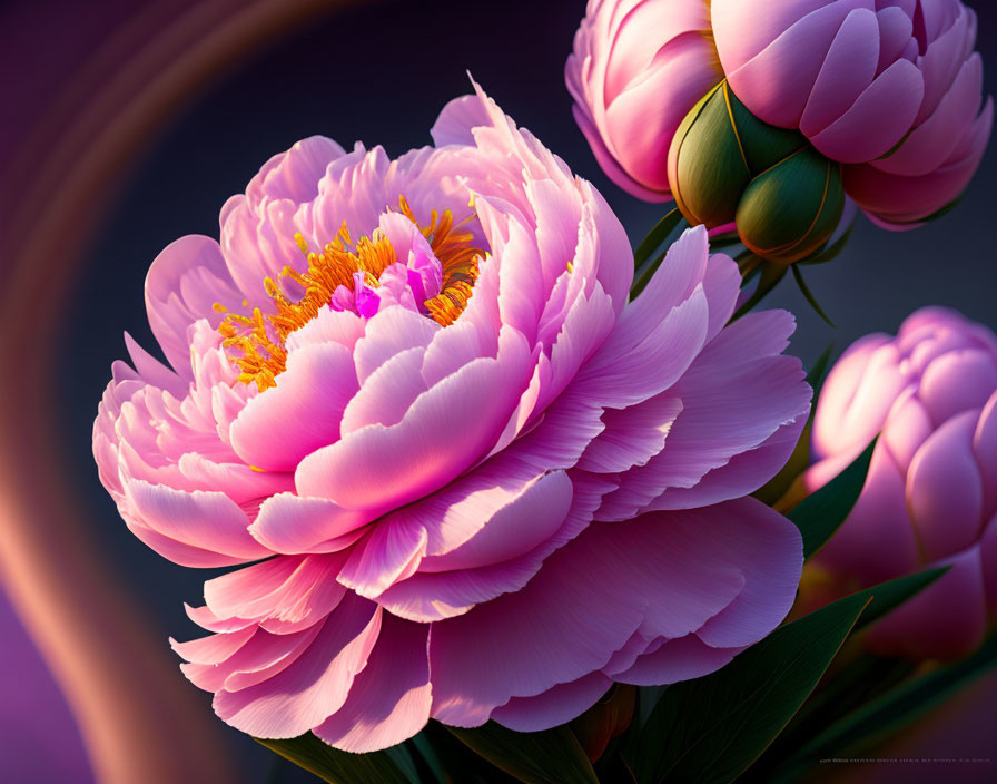 Close-up of vibrant pink peony with golden stamens and unfurling buds on soft purple