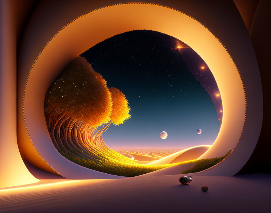 Surreal landscape with starry night sky, swirling portal frame, planets, glowing tree, and