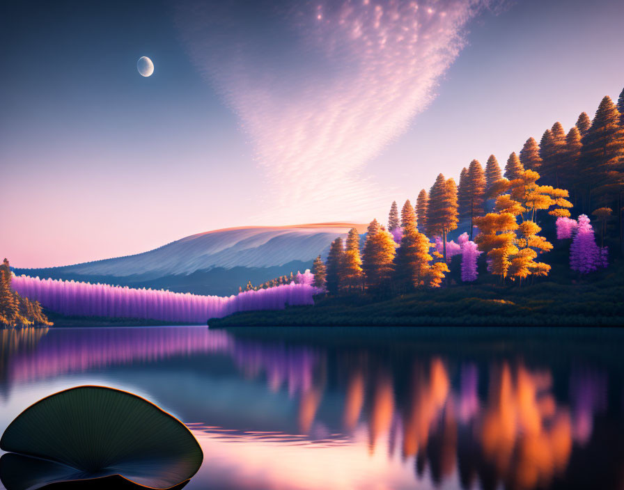 Tranquil landscape with reflective lake, colorful trees, shell, twilight sky, crescent moon