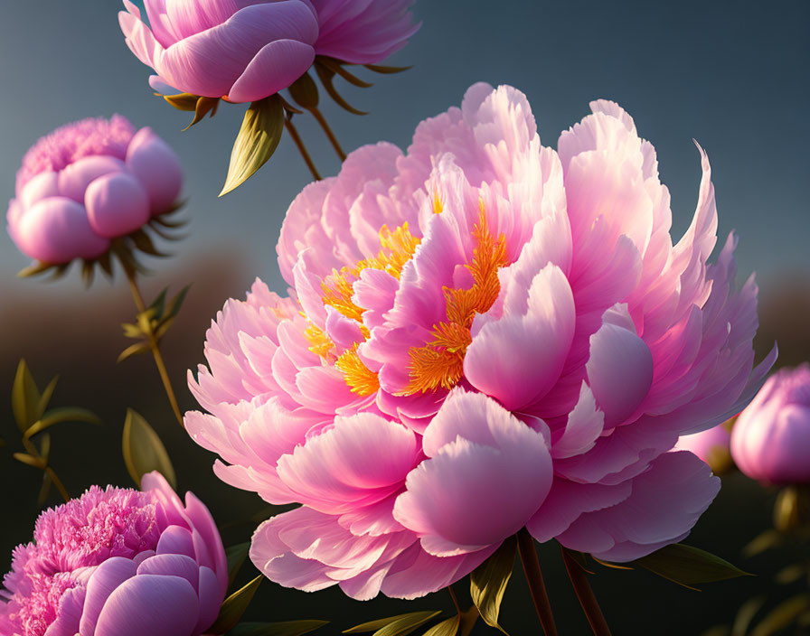 Detailed view: Vibrant pink peony flowers with golden stamens in soft light against dusky
