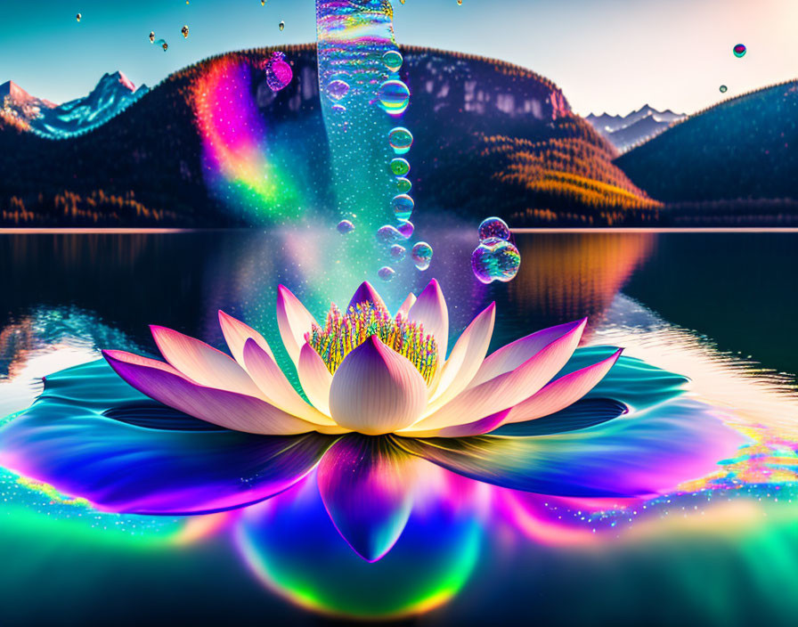 Colorful lotus flower on serene water with bubbles and mountains background