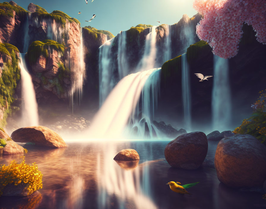 Serene waterfall scene with mist, rocks, birds, and blooming tree