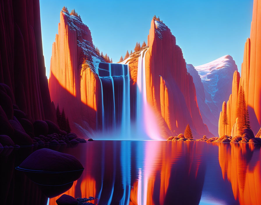 Majestic red cliffs, waterfall, and serene lake in digital landscape