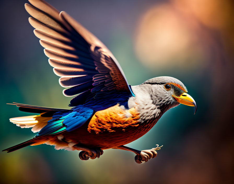 Colorful Bird in Flight with Extended Wings and Tail Feathers