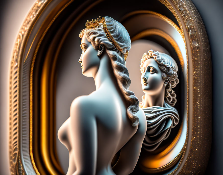 Women's Classical-style Busts with Intricate Hairstyles in Golden Oval Frames