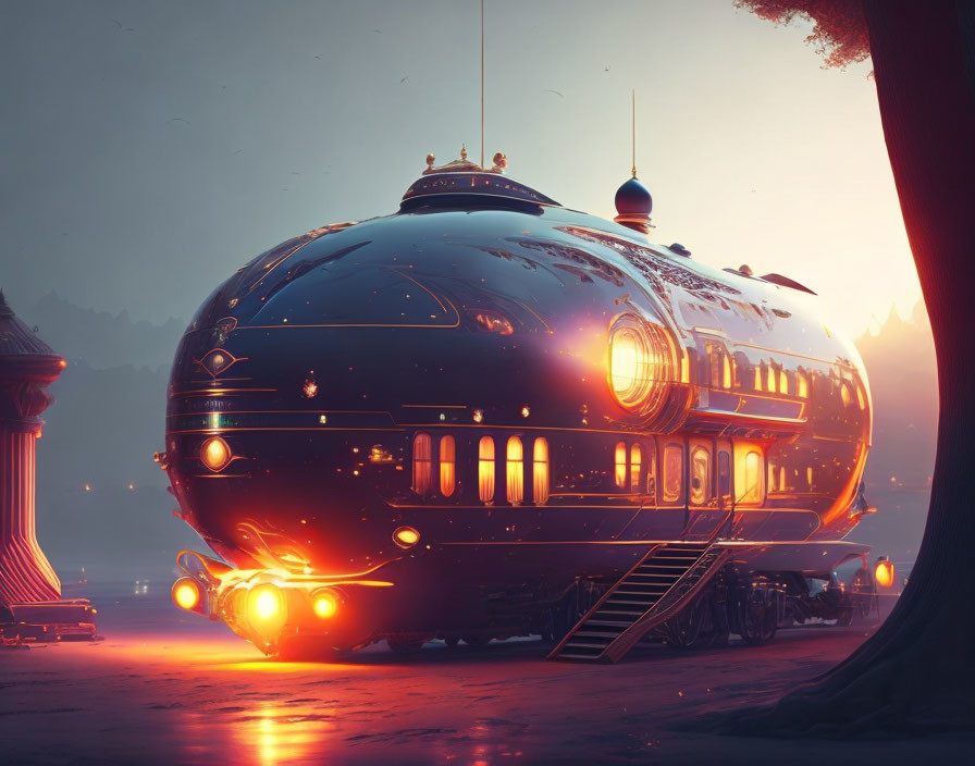 Glowing retro-futuristic airship in serene dusk landscape