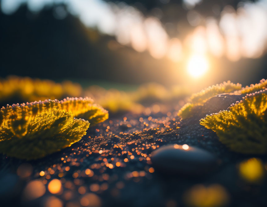 Sunset light filtering through trees on dew-covered leaves and stones