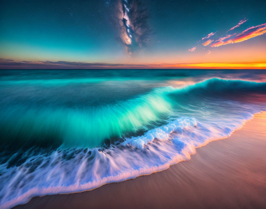 Colorful Beachscape with Luminous Wave and Sunset Sky