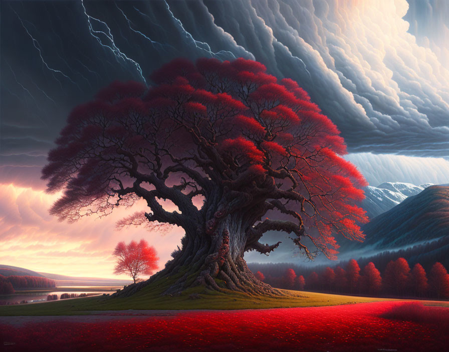 Majestic red tree in surreal landscape under dramatic sky