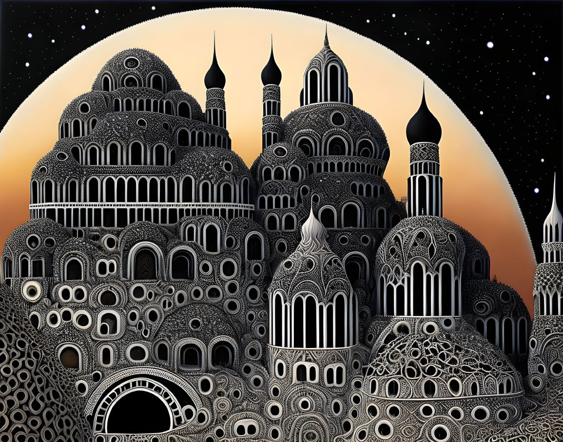 Detailed black and white fantasy palace under orange moon.