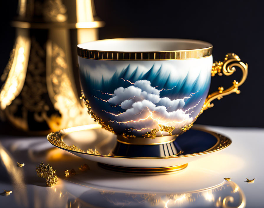 Porcelain Tea Cup with Gold Trim and Stormy Cloud Design on Dark Background