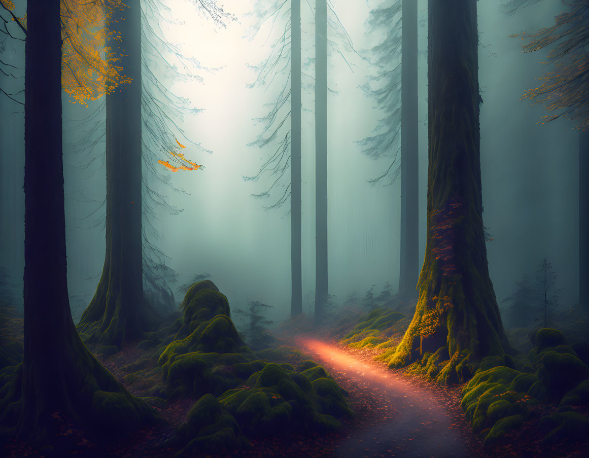 Enchanting forest scene with sunbeams, fog, moss, and autumn leaves