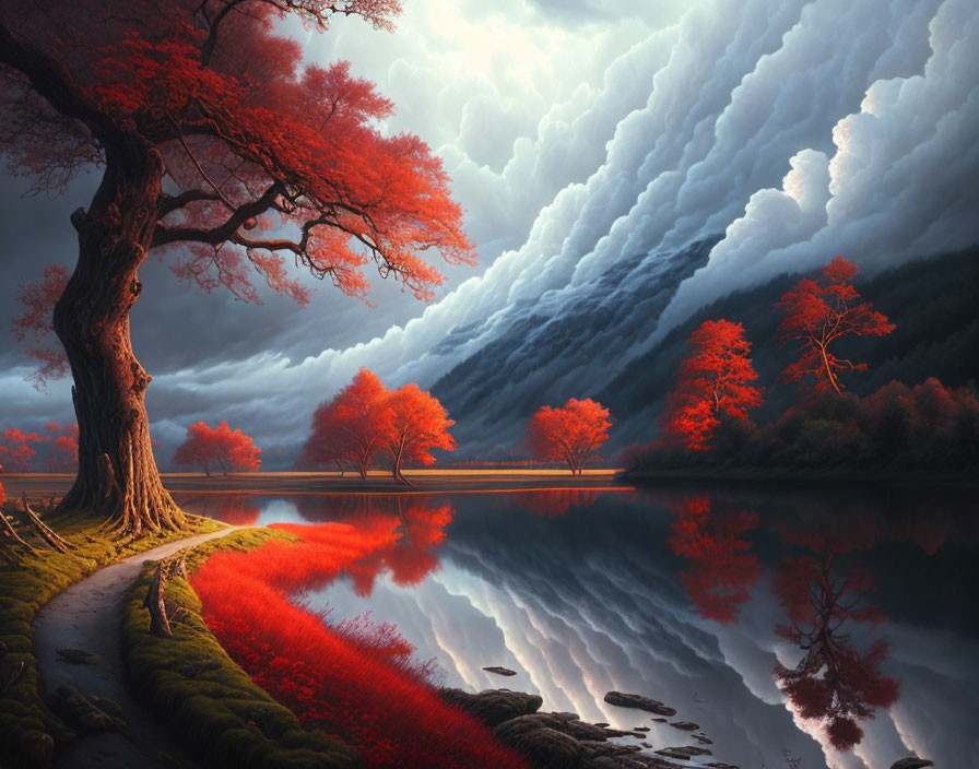 Tranquil landscape with red foliage tree, reflective lake, path, and dramatic clouds