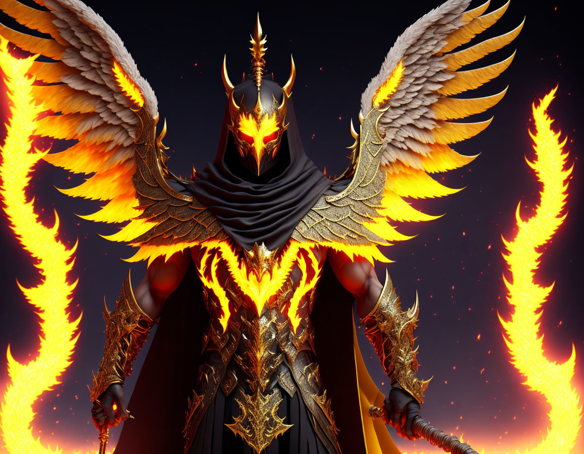 Fiery-winged figure in dark armor with glowing eyes against night sky