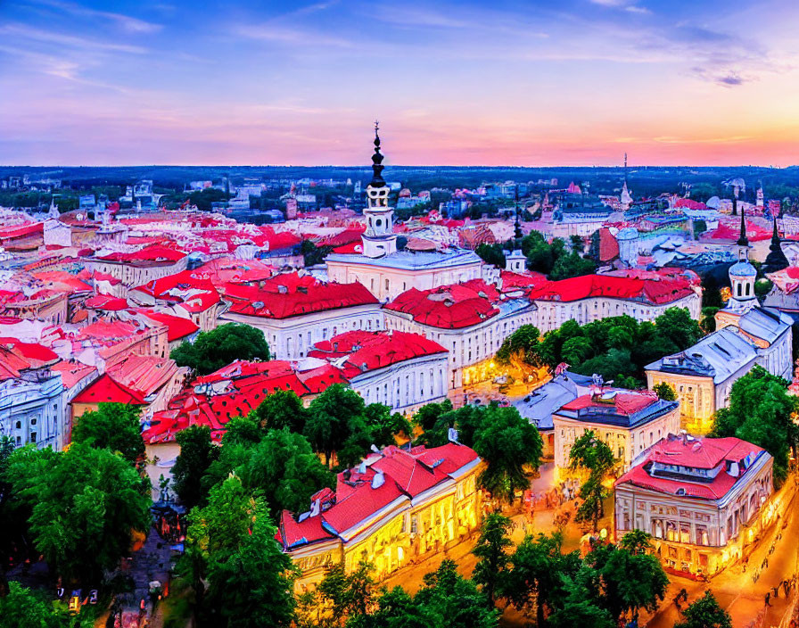 European City Aerial View: Red Rooftops, Historic Buildings & Church Spire