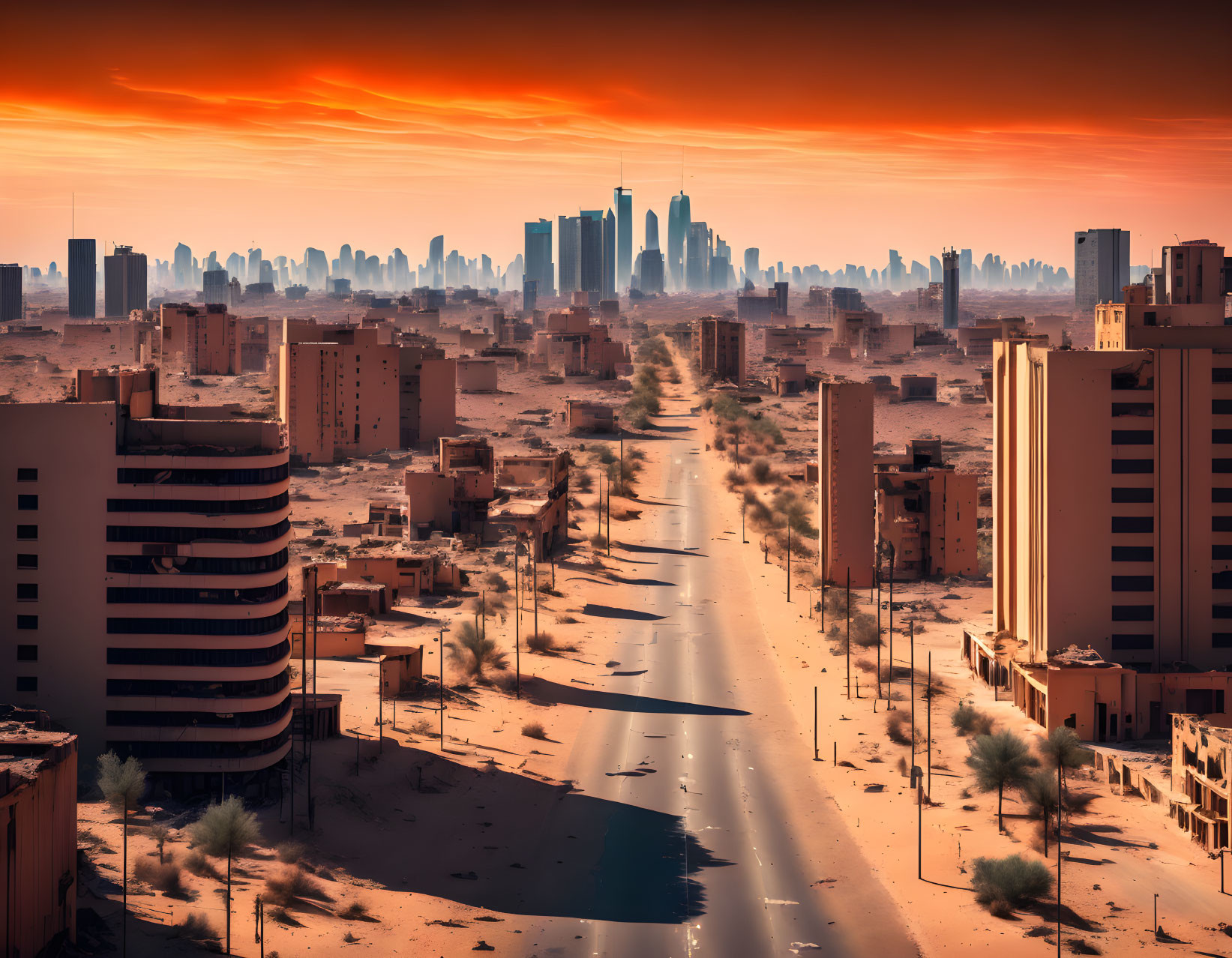 Desolate urban landscape with abandoned buildings and dusty road under dramatic reddish sky