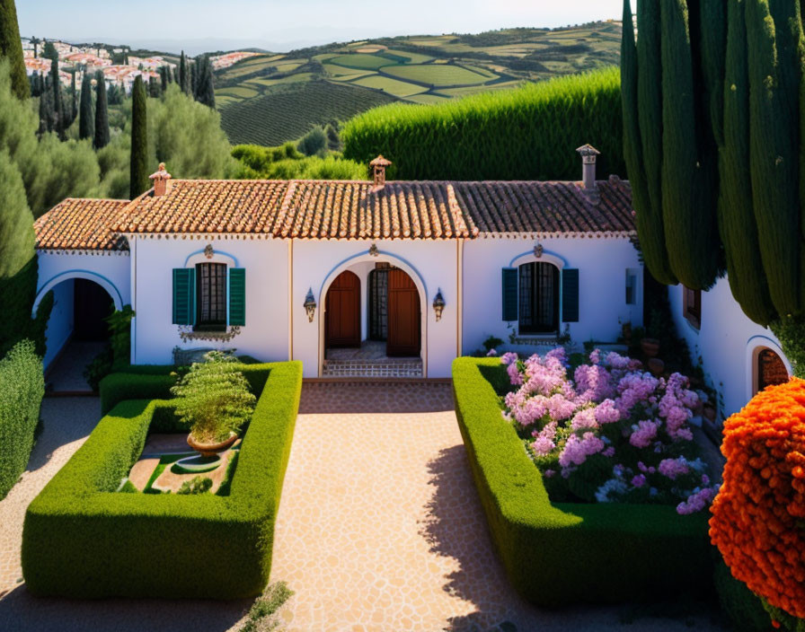 Villa with terracotta roof in manicured garden under blue sky