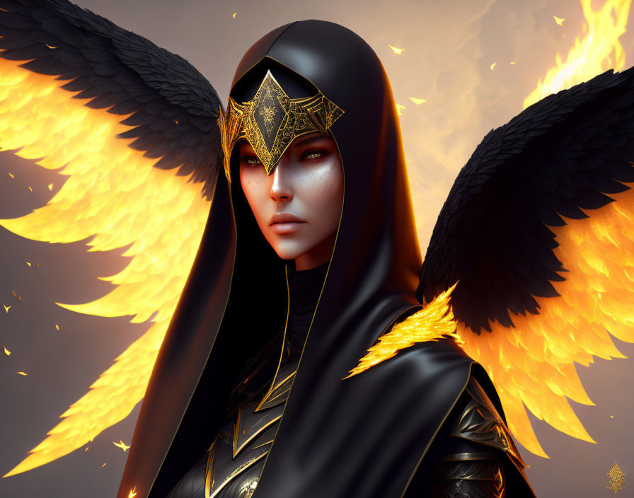 Digital art portrait of character with black wings, fiery feathers, golden mask, and black cloak.