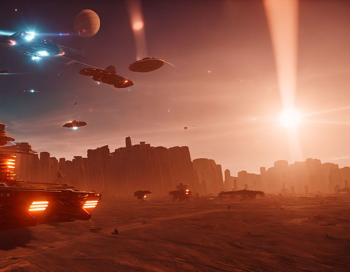 Futuristic cityscape with flying vehicles under a hazy sky and distant planets visible