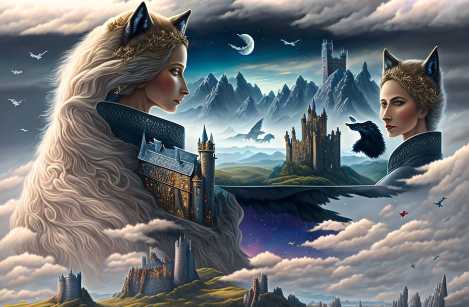 Fantasy landscape with mirrored royal wolf figures, castle, mountains, clouds, birds, starry sky