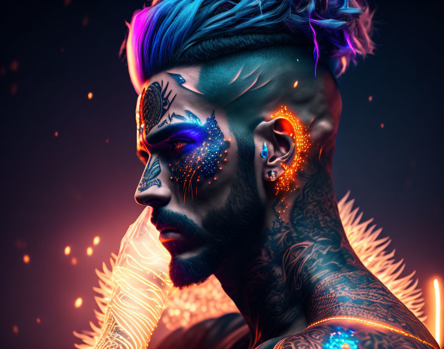 Vibrant neon body art man with colorful mohawk on dark background