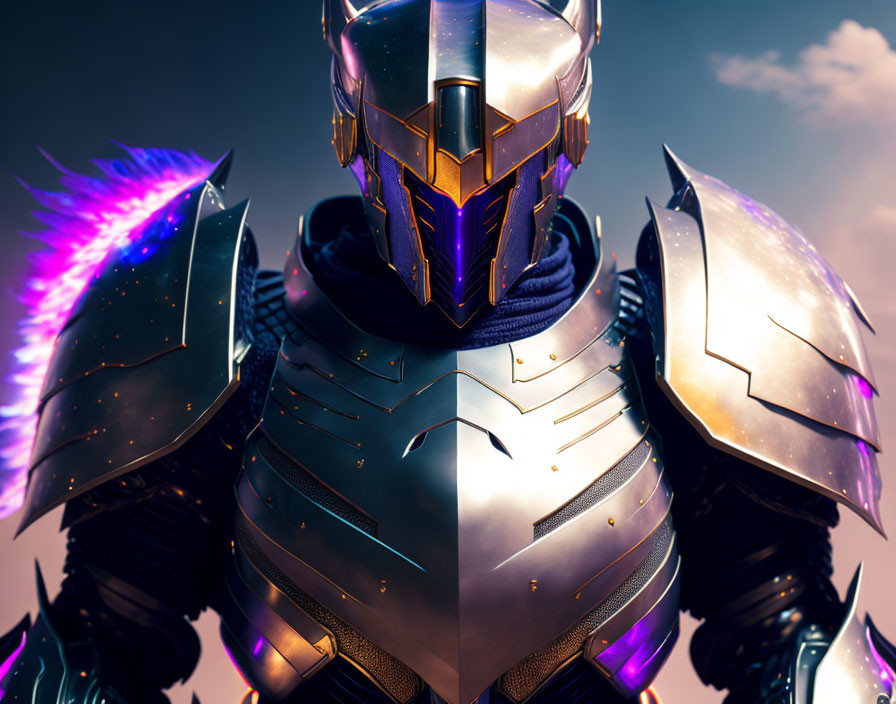 Futuristic knight armor with golden helmet and purple accents in moody sky